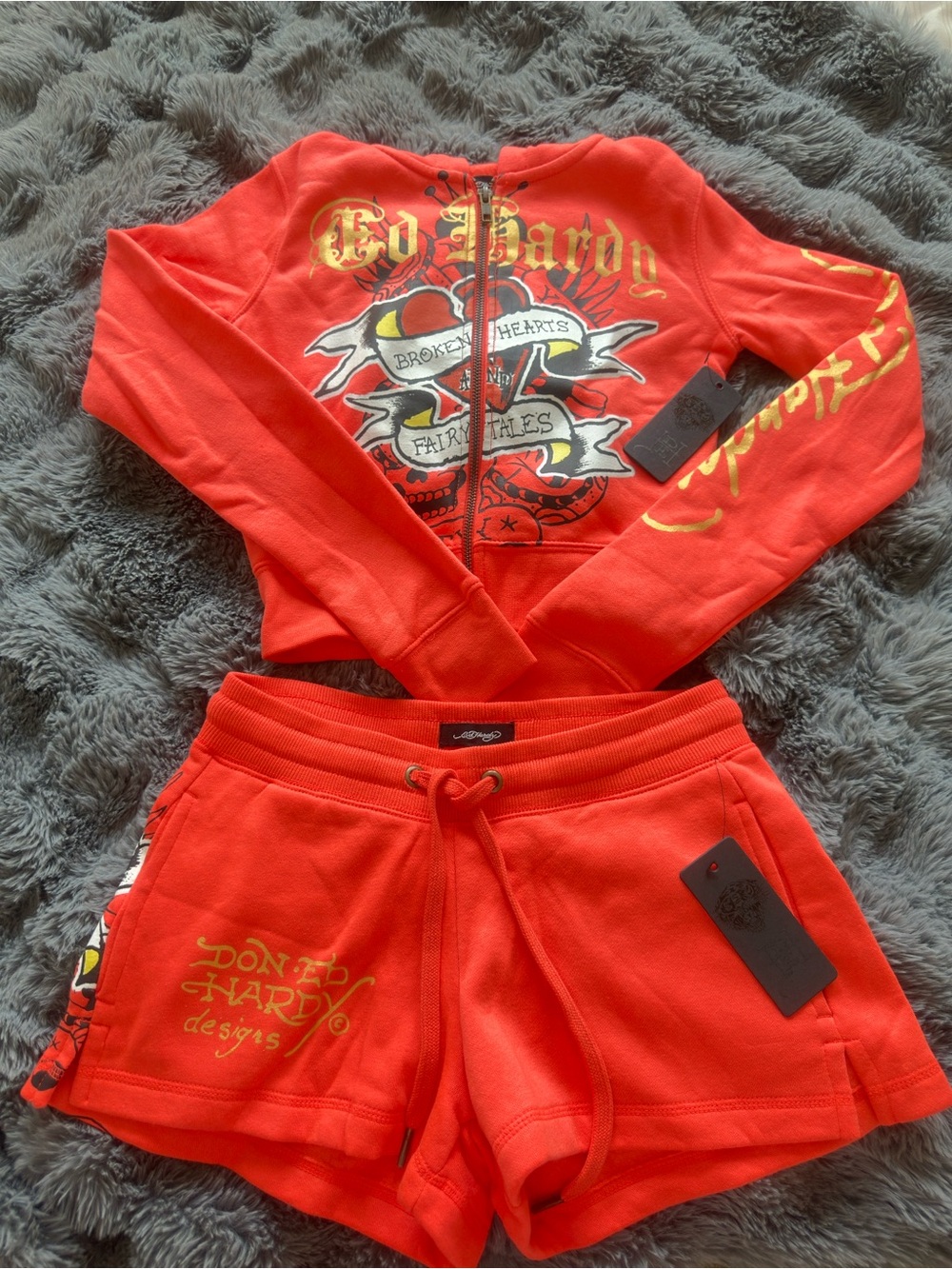 Ed Hardy orange and Gold Graphic Zip Hoodie & Shorts Set